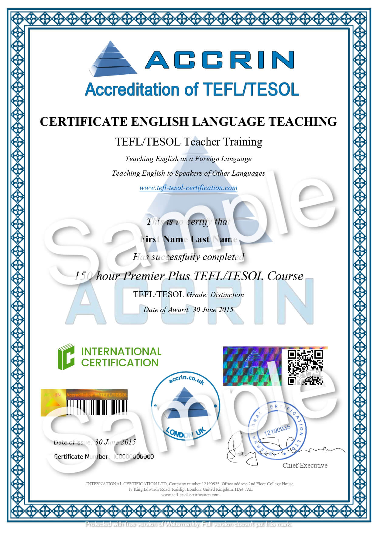 Пример сертификата TEFL/TESOL