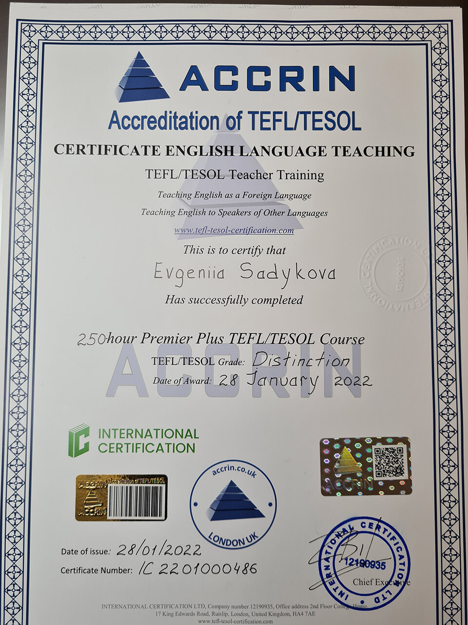 Front side of TEFL/TESOL certificate