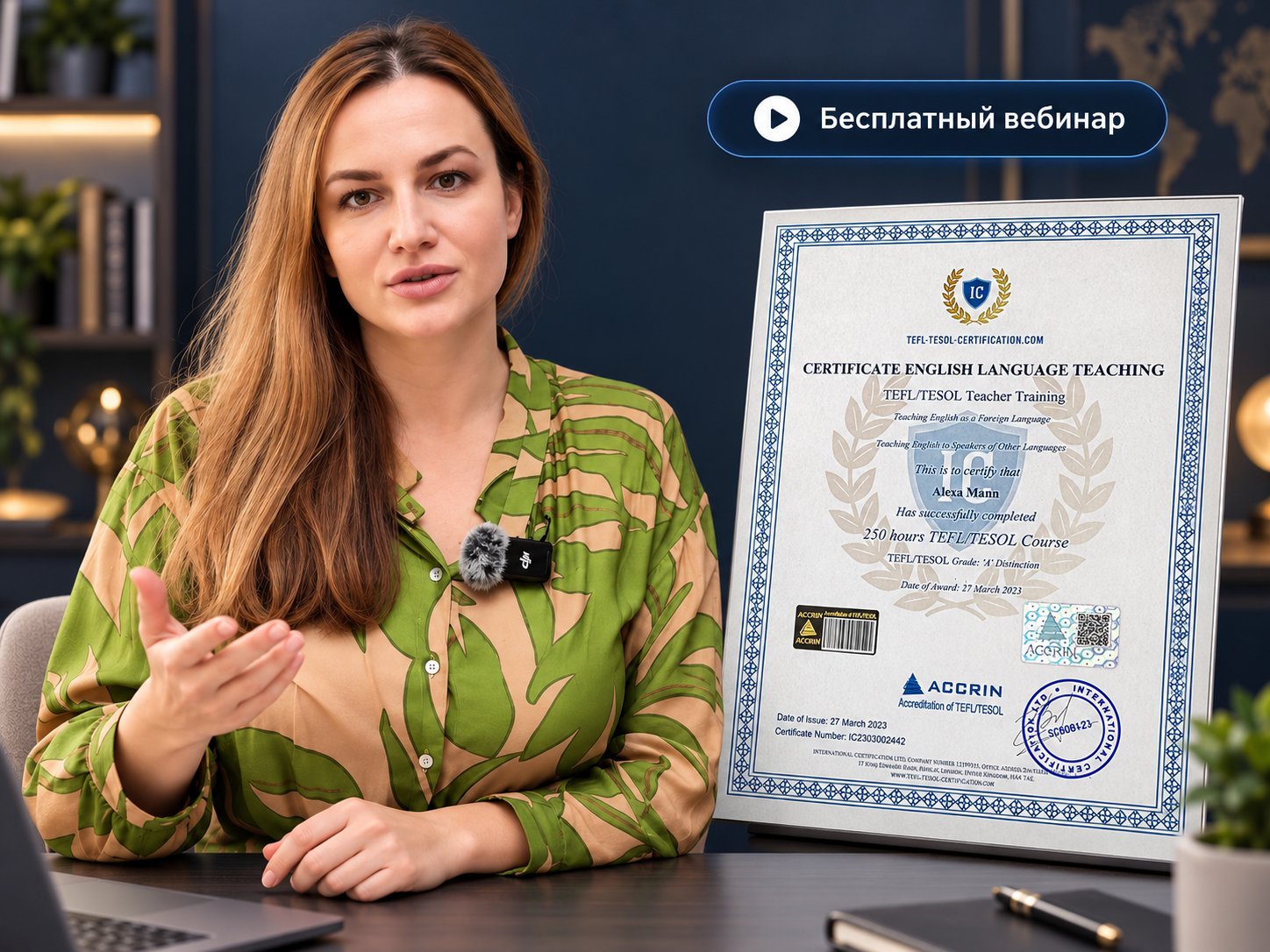 York Fern, ведущая бесплатного вебинара TEFL/TESOL, рядом с примером сертификата